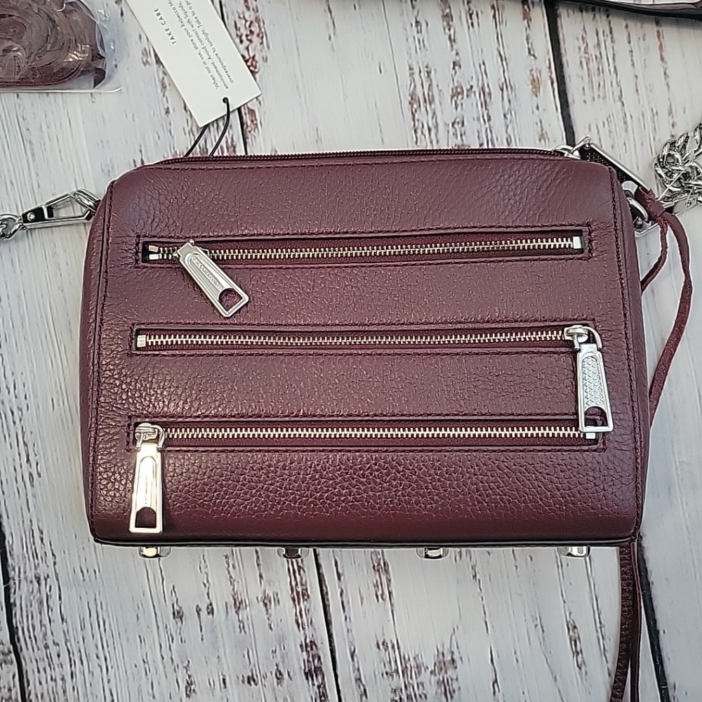 Rebecca Minkoff Mini 5 Zip Leather Crossbody Bag Bordeaux Wine Cranberry NEW - Picture 4 of 10